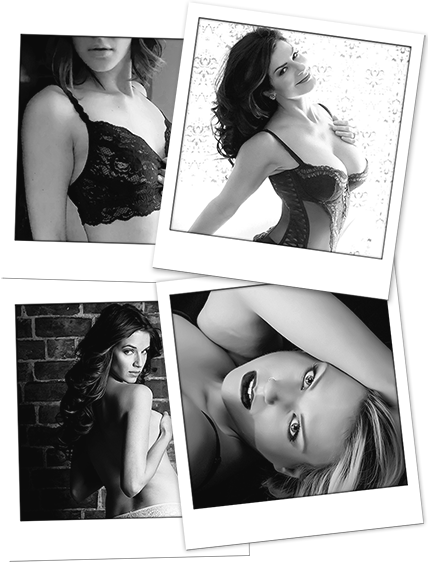 4 Polaroid black & white images of women in lingerie posing for a ma boudoir photographer