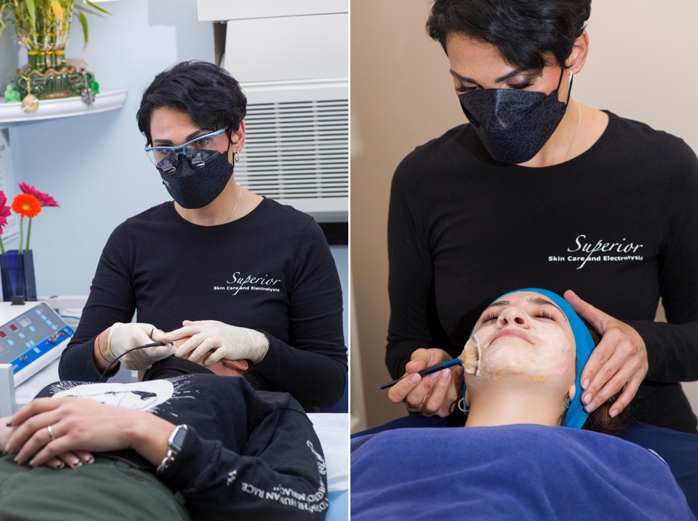 Clinician performing electrolysis on the left and applying product on a clients face for a facial on the right