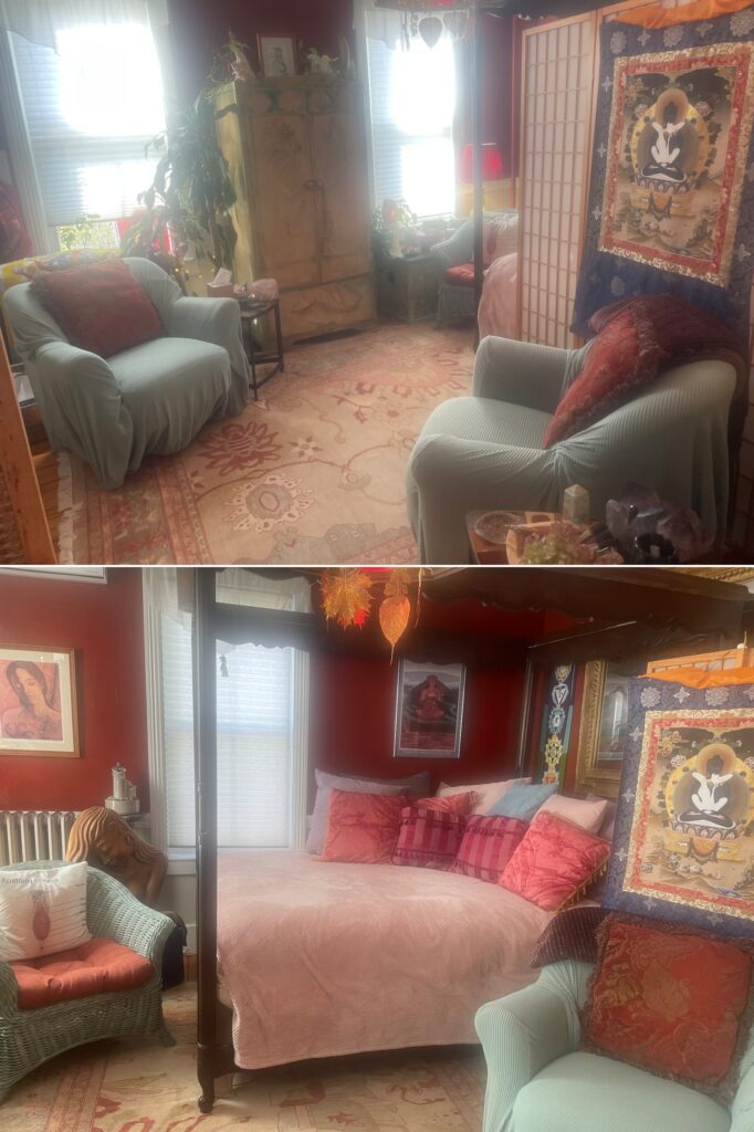STA's healing space that includes a sitting area with green chairs and a canopy bedroom.