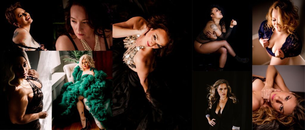 A collage of women over 40 wearing beautiful gowns, robes & lingerie posing for a boudoir photographer for the Unapologetically you portrait experience