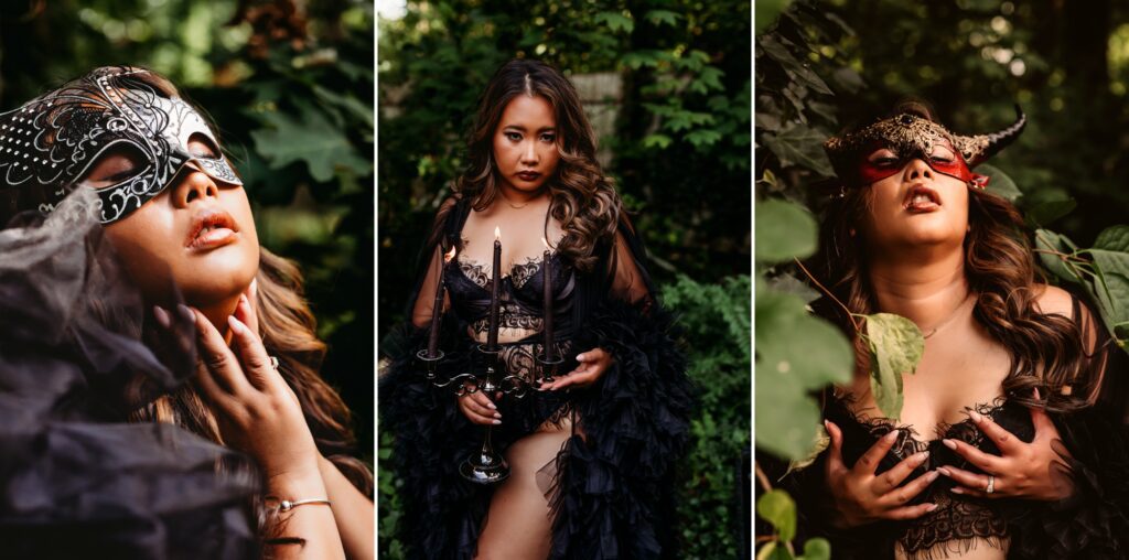 3 images of an Asian woman dressed in black lingerie & robe, wearing masks & holding a candelabra in nature for a Halloween boudoir photoshoot in Massachusetts