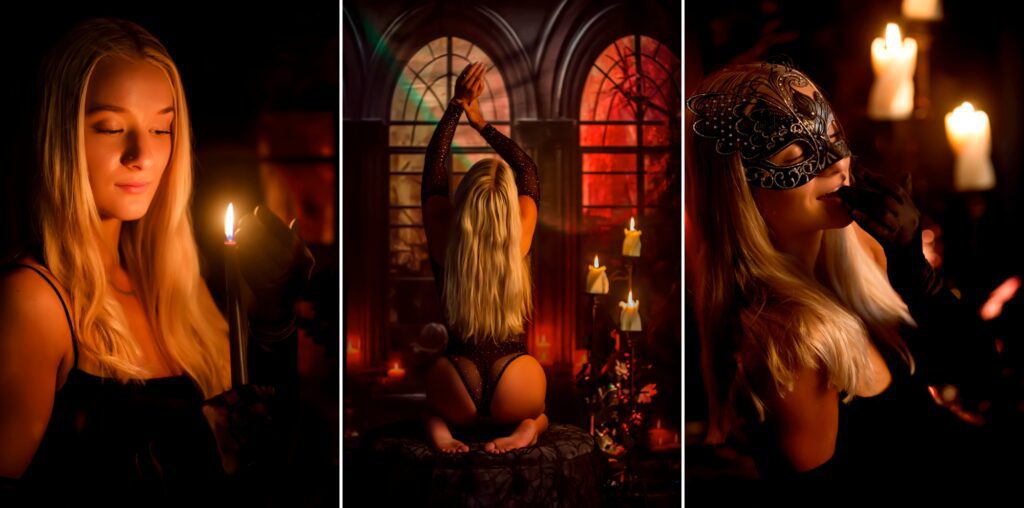 2 images of a blonde woman dressed in black, with candles, a mask & goth backdrop, posing for a Halloween boudoir photoshoot in Massachusetts