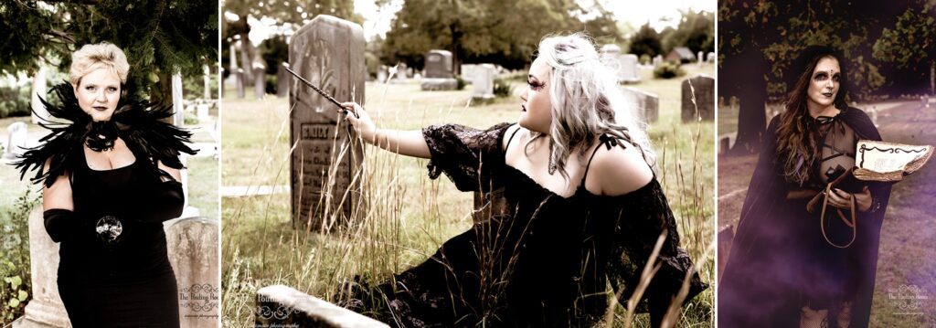 3 images of different women dressed as witches in a cemetery posing for a Halloween boudoir photoshoot in Massachusetts