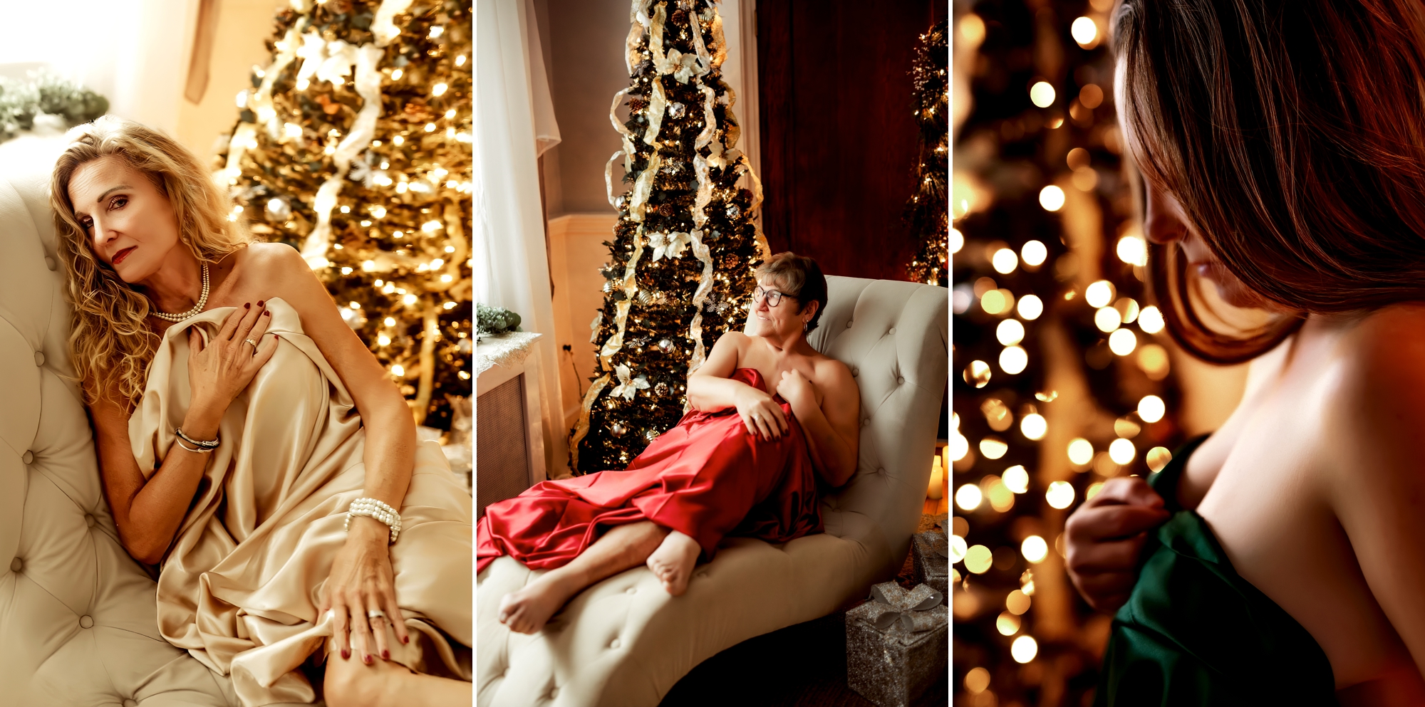 3 image collage of women wearing a satin sheet in front of a christmas tree for holiday boudoir mini sessions