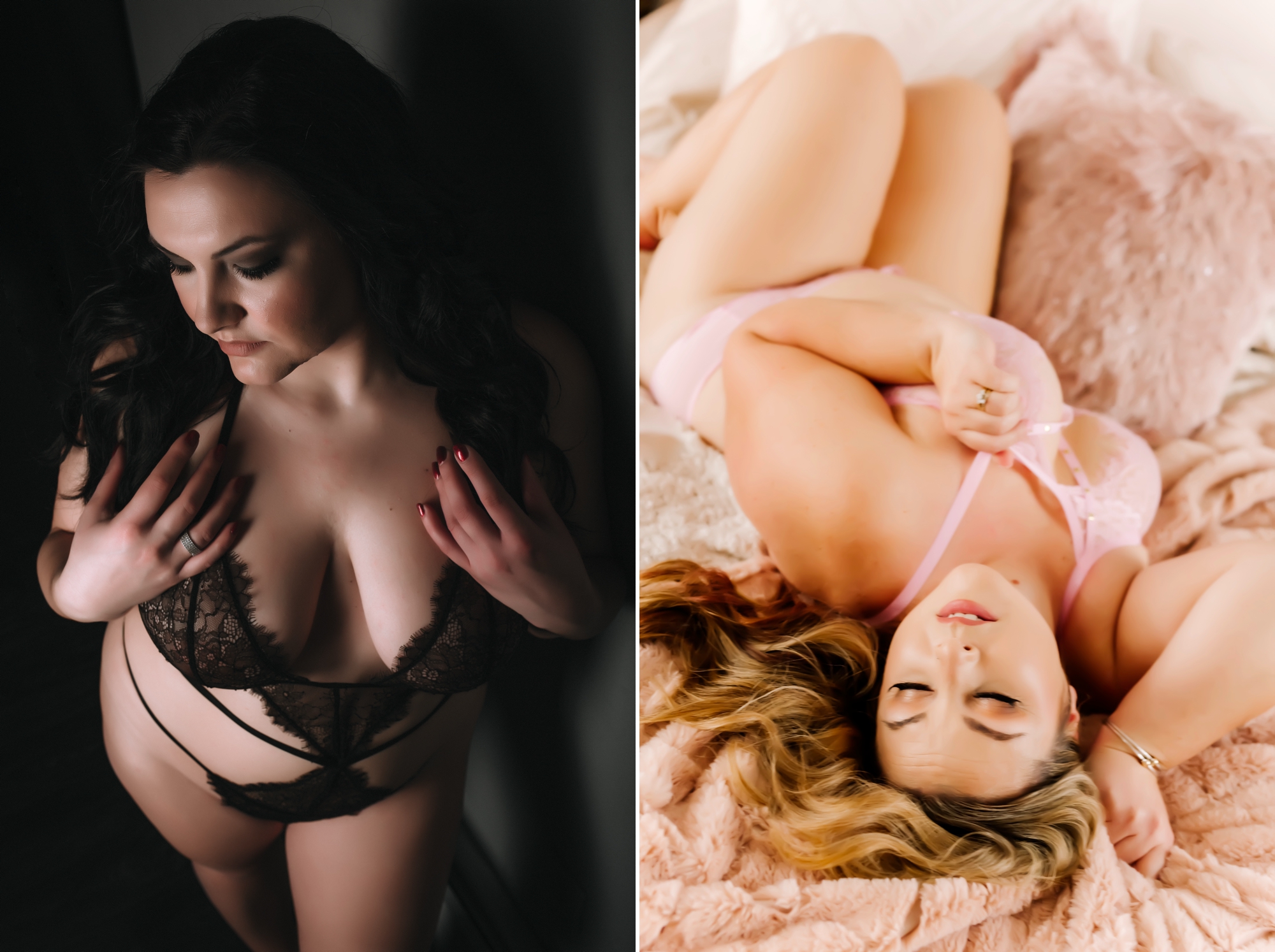 comparison of dark and moody versus light and airy editing of boudoir photograph